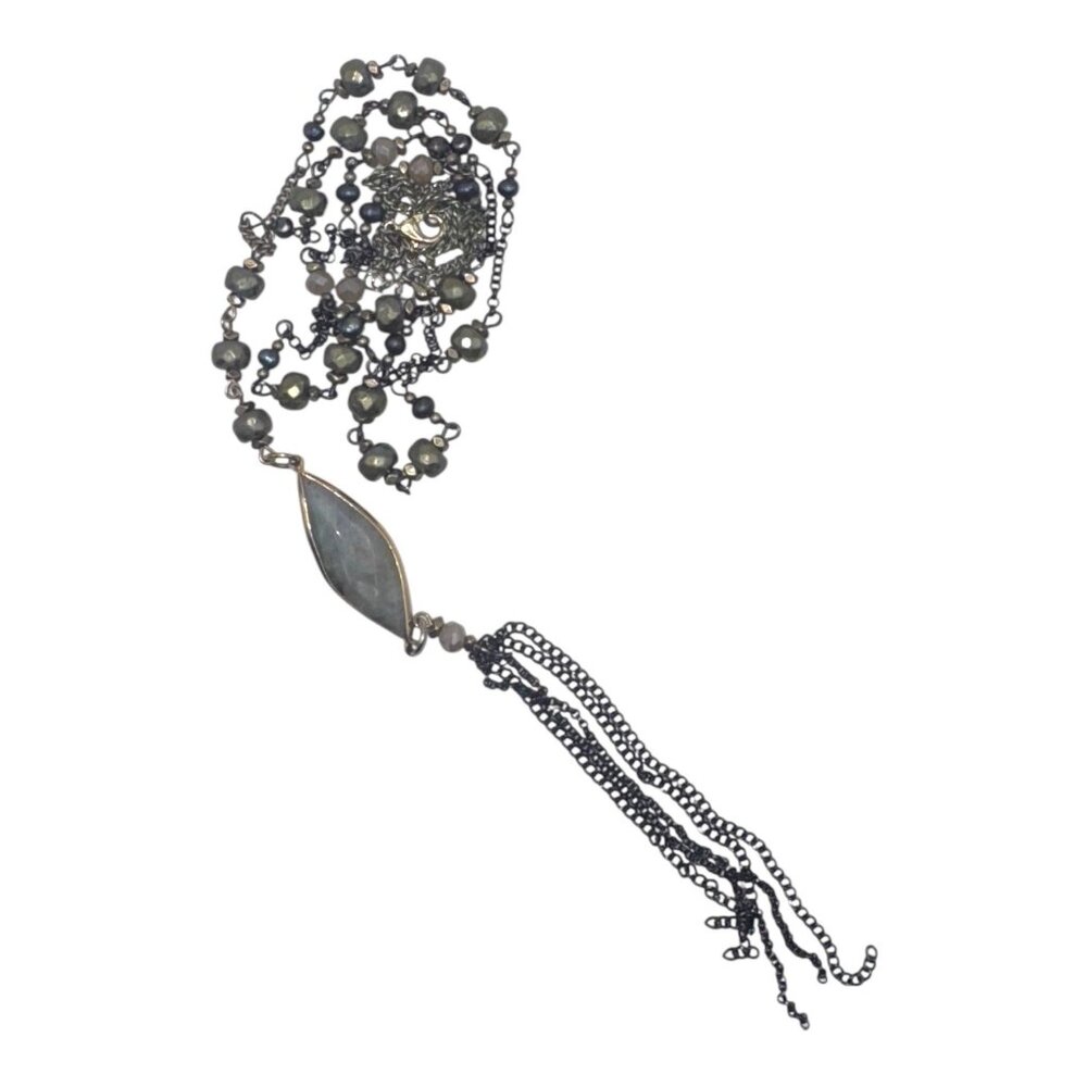 Handcrafted Beaded Necklace With Labradorite Pendant & Tassel Gunmetal Chain